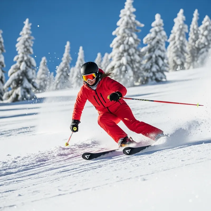 Graceful Caucasian Woman Downhill Skiing in Vibrant Red Snowsuit