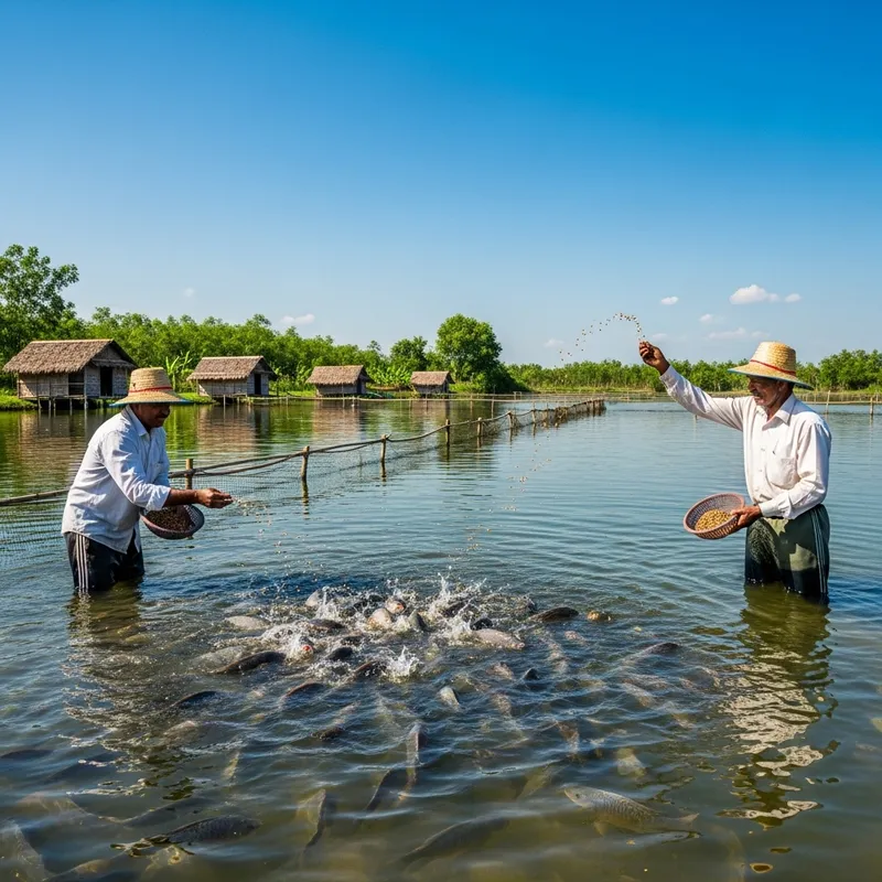 Siembra de Tilapias: Agricultores del Sur de Asia Alimentan Peces en Estanque de Agua Dulce