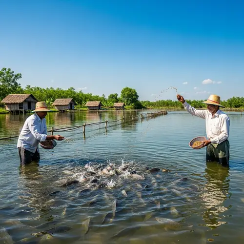Tilapia Farming: South Asian Farmers Feed Fish in Freshwater Pond