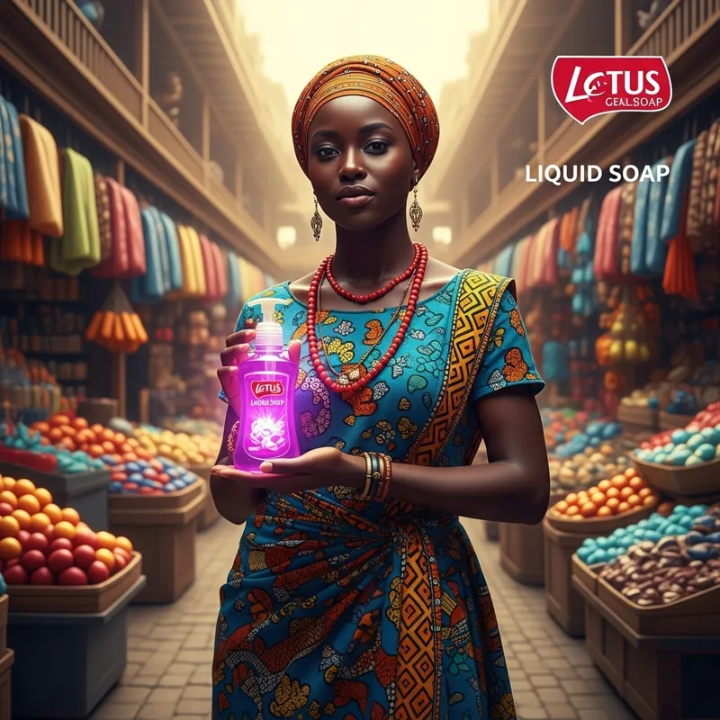 Beautiful African Girl in Market Advertising Lotus Soap