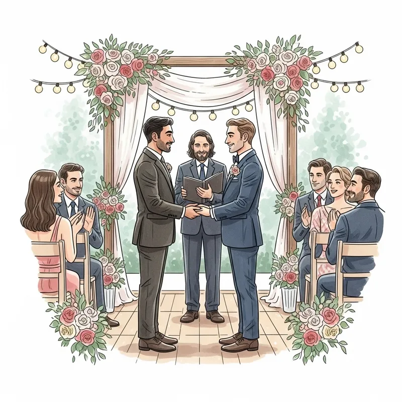 Heartwarming Same-Sex Wedding Ceremony in Vibrant Watercolor Style