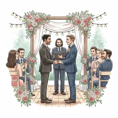Vibrant Same-Sex Wedding Ceremony: Middle Eastern & Caucasian Grooms