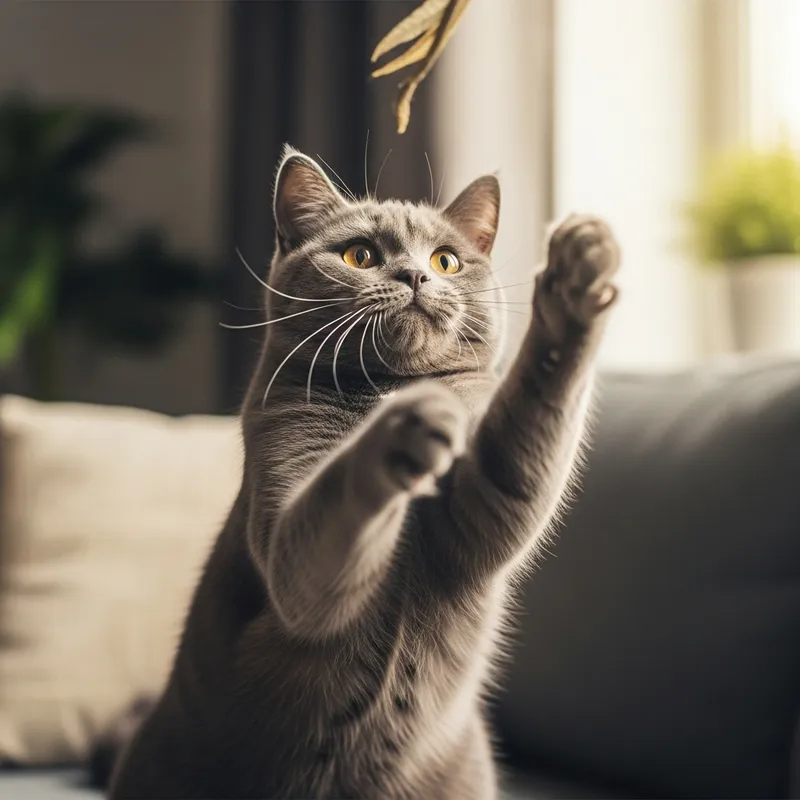 Playful Cat in Mid-Pounce Stance | Rich Grays & Whites
