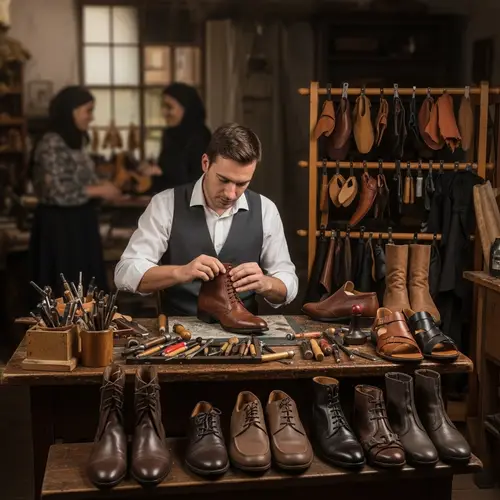 Antique Shoe Workshop Scene: Cobbler Crafting Leather Boots