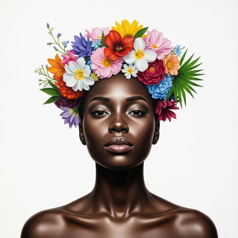 Realistic Oil Painting of Floral Head Black Woman