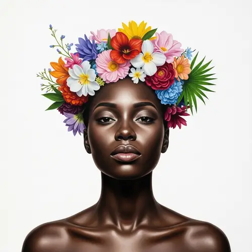 Realistic Oil Painting of Black Woman with Floral Crown
