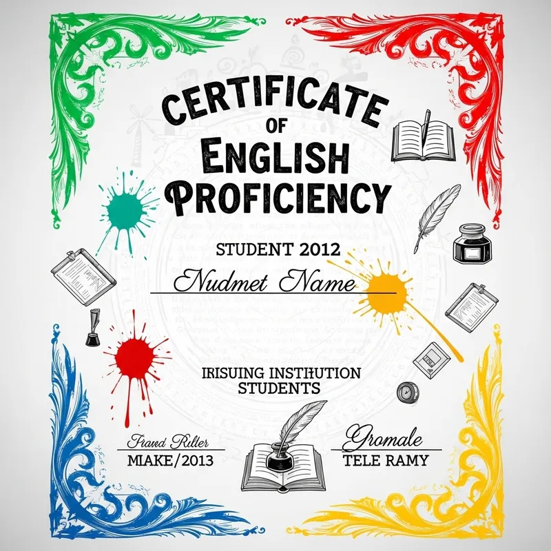Illuminated English Certificate: Vibrant Typewriter Design