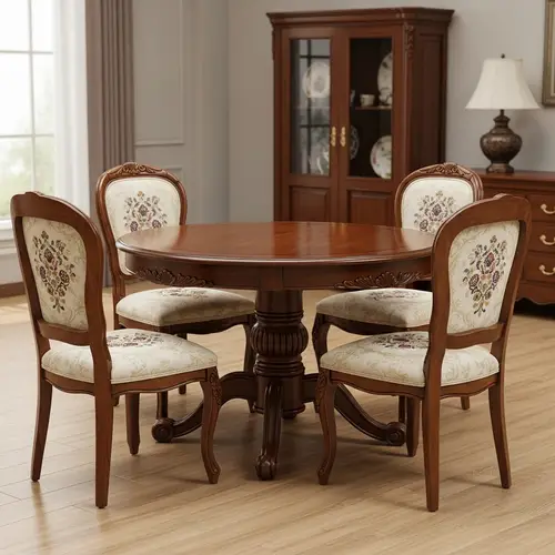 Exquisite Round Wooden Table Set with Floral Chair Cushions