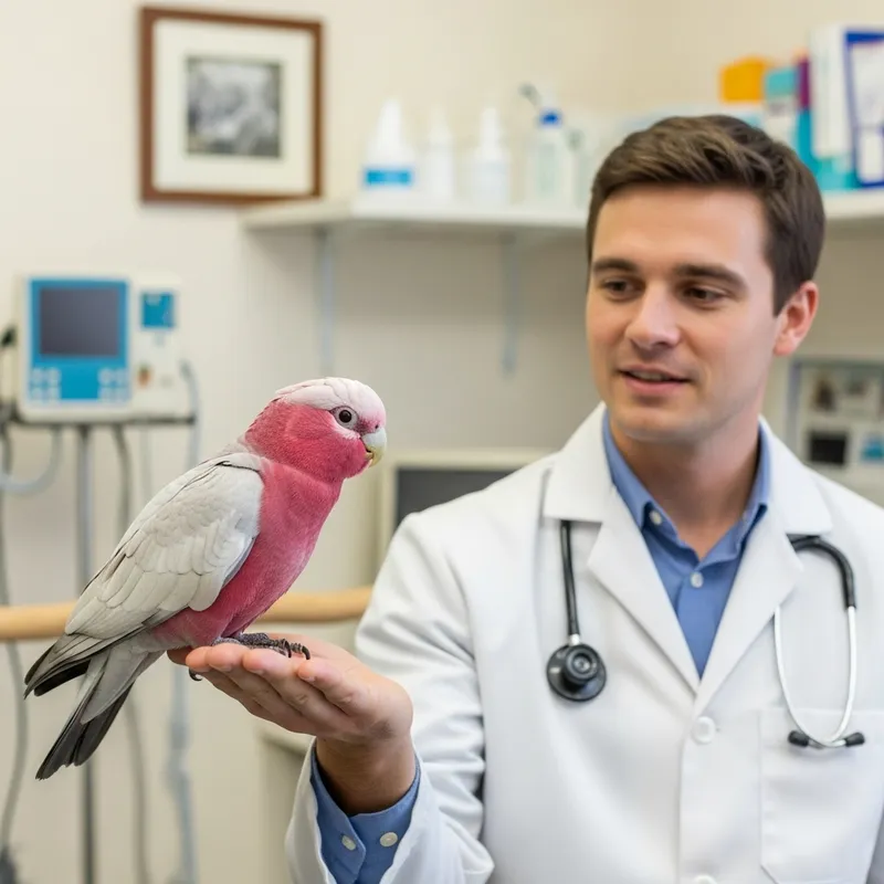 Vibrant Galah Bird on Hand of Male Veterinarian