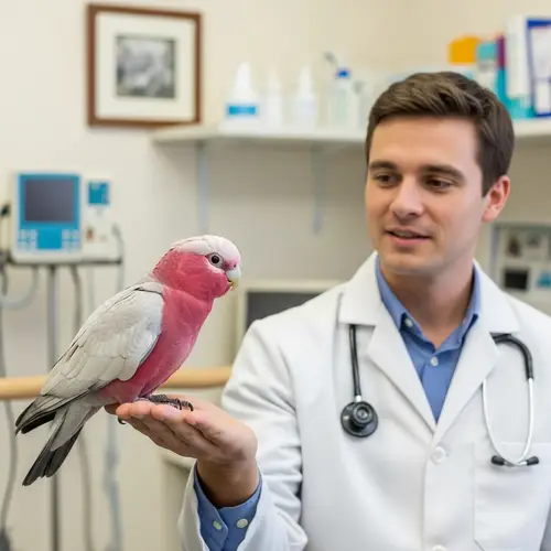 Vibrant Galah Bird perched on Male Veterinarian's Hand
