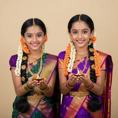 Delightful Tamil Girls in Traditional Pattu Pavadai with Diya Offering