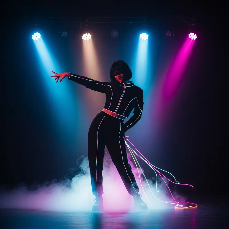 Dynamic Neon Figure on Stage with Black Hair and Rainbow Accents