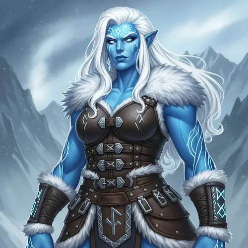Female Frost Giant Illustration | Blue Skin & Snow-White Hair