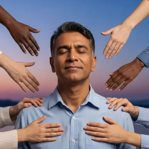 Middle-Aged South Asian Man Relieved of Stress | Supportive Hands Image