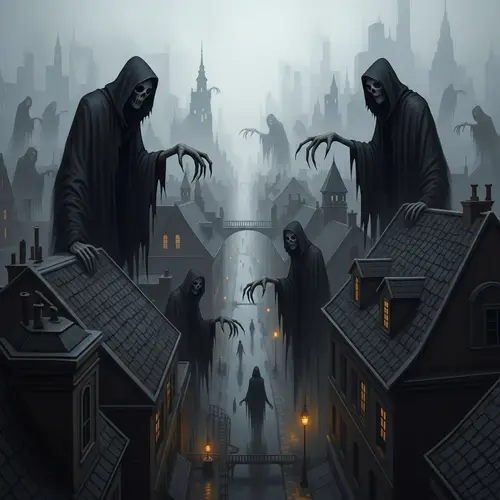 Eerie Cityscape with Shadowy Figures | Dreadful Fantasy Creatures