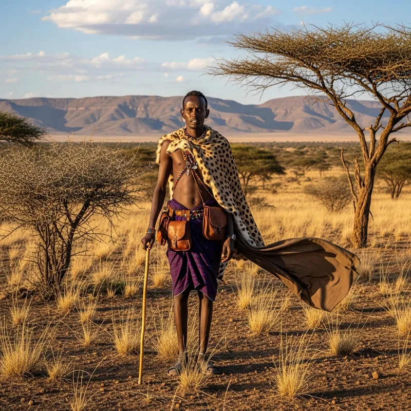 Muscular Nomadic Man from Somalia in Traditional Cheetah Skin Garment