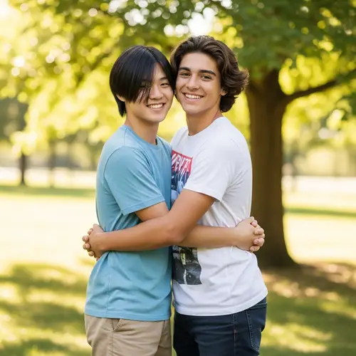 Teen Boys Hugging Outdoors | Friendly Summer Moment