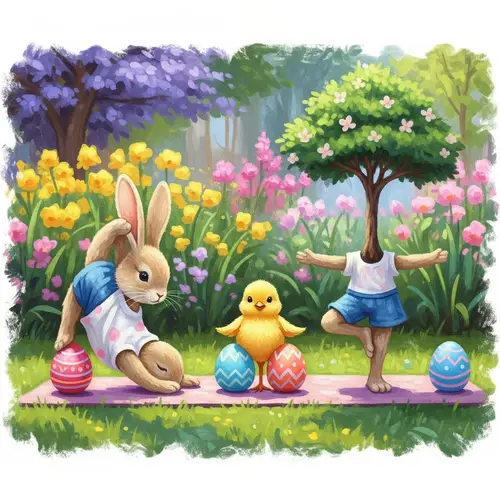 Easter-Themed Yoga Scene with Bunny and Chick in Lush Garden