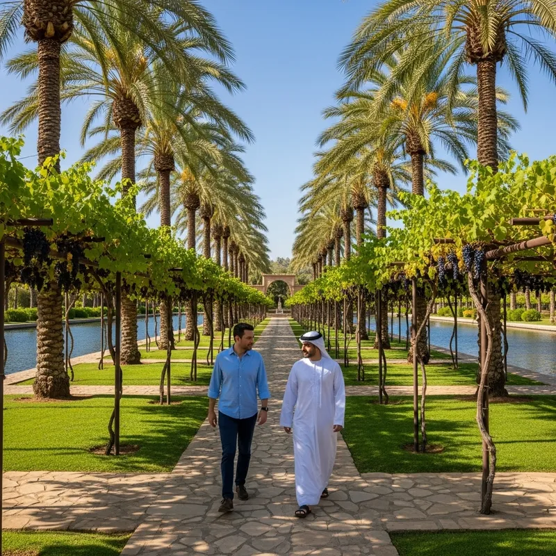 Men Walking Through Lush Gardens with Rivers