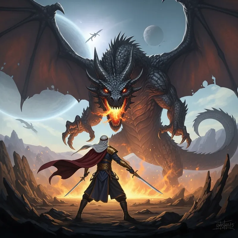 Male Warrior Battles Black Dragon in Otherworldly Realm