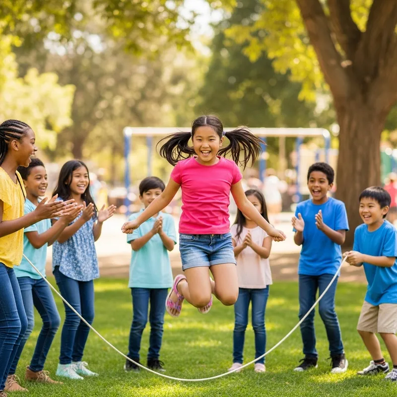 Asian Girl Trang Jumping Rope with Friends in Local Park