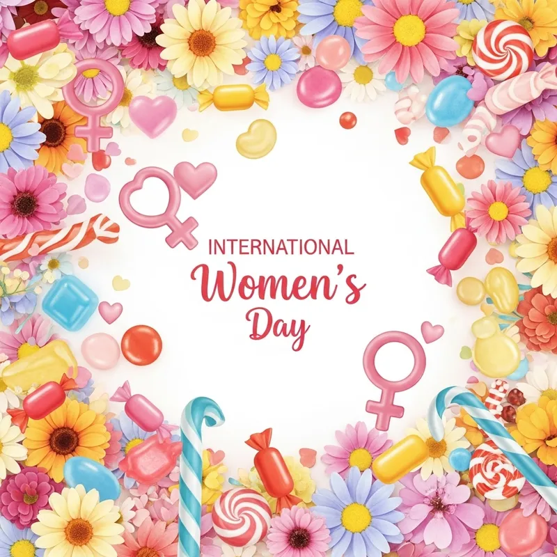 International Women's Day Postcard Design | Colorful Flowers, Love Symbols & Candies International Women's Day Postcard Design | Colorful Flowers, Love Symbols & Candies