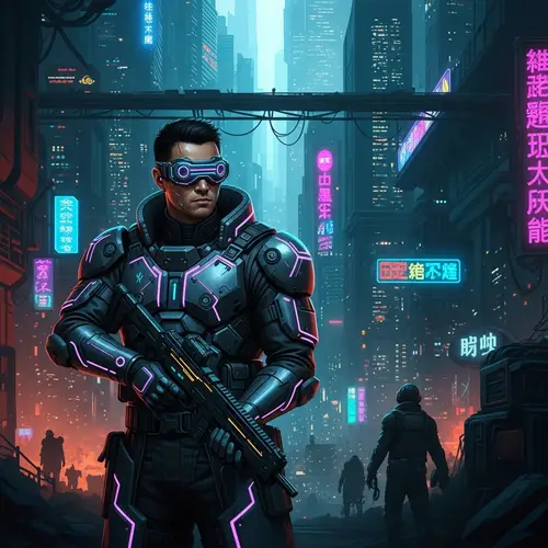 Futuristic Cyberpunk Mercenary in Detailed Urban Scene