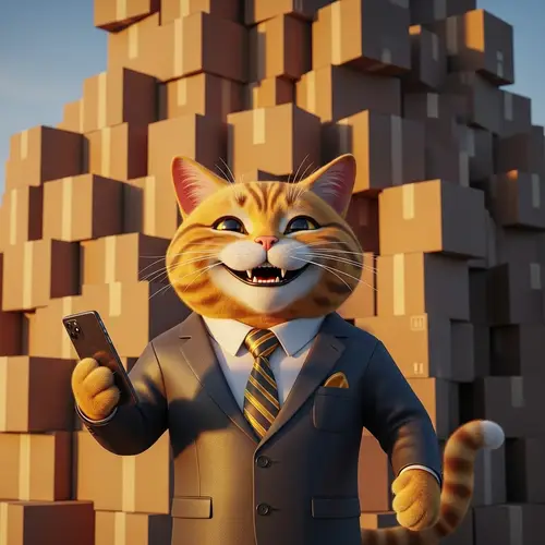Prosperous Cartoon Cat Rich with Amazon Boxes |  Wealthy Feline on Phone