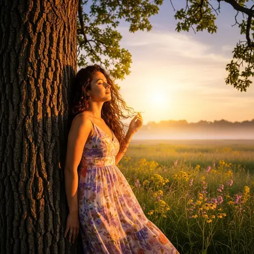 Graceful Hispanic Woman in Sun Dress by Meadow
