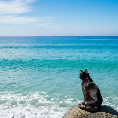 Tranquil Ocean Scene with Curious Black Cat | Website Name