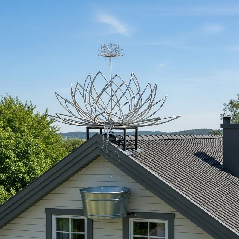 Lotus Rainwater Collector on Quaint House Roof