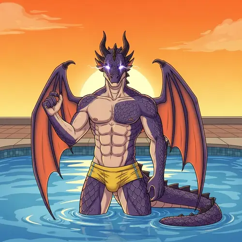 Male Dragon Demi-Human in Swim Trunks by Pool - Cartoon Style