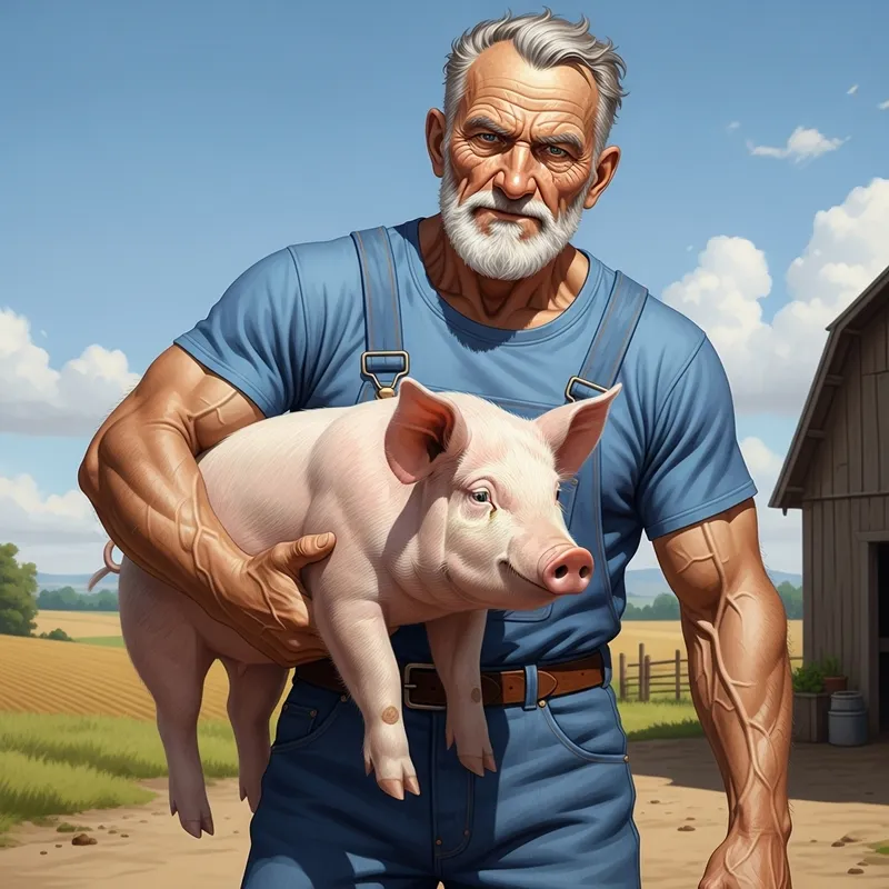 Muscular Senior Man Holding Pink Pig: Countryside Narrative