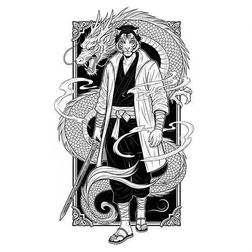 Tiger Man with Dragon - Manga Style Artwork