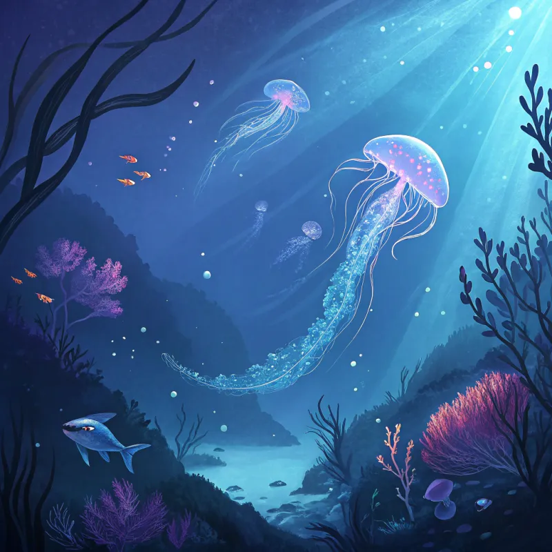 Enchanting Underwater Fantasy Painting with Bioluminescence