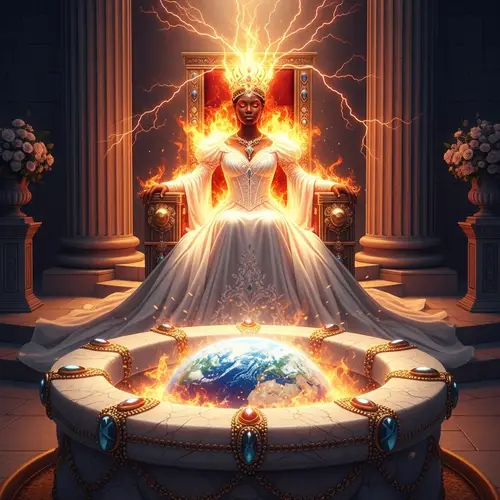 Radiant Black Woman in Ethereal Royal Attire on Throne in New Jerusalem
