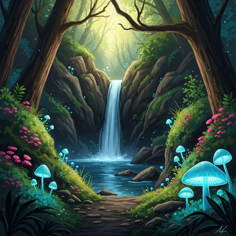 Mystical Forest Waterfall & Glowing Mushrooms | Ethereal Vista