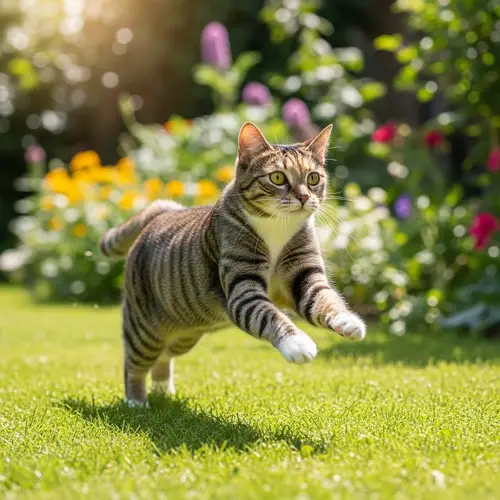 Energetic Calico Cat Running in Sunny Backyard