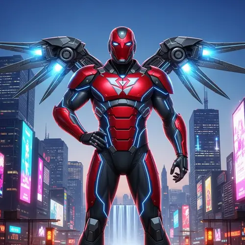 Futuristic Superhero with AI - Black and Red Armor