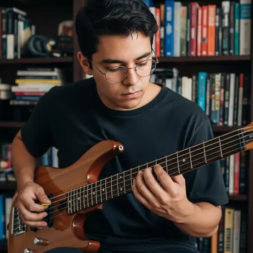 Hispanic Male Bass Guitarist: Studious Music Enthusiast
