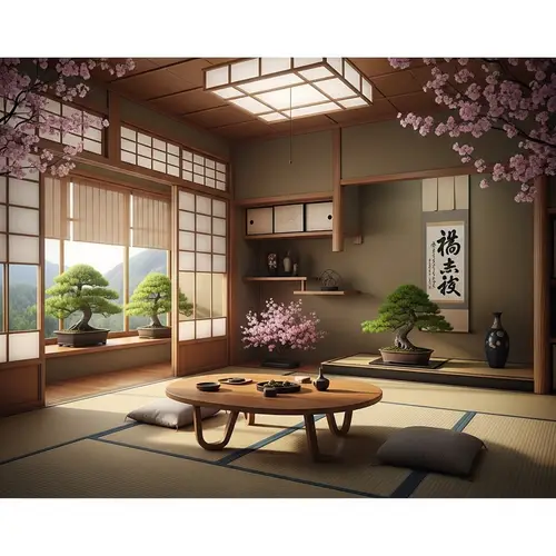 Traditional Japanese Living Room: Harmony of Cherry Blossoms & Bamboo