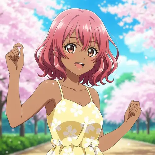 Brown Skinned Anime Girl with Wavy Pink Hair - Character Design