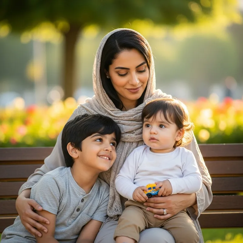Heartwarming Scene of Middle Eastern Mother with Two Sons - Beautiful Black-Haired Family