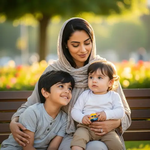 Heartwarming Middle Eastern Mother with Two Black-Haired Sons