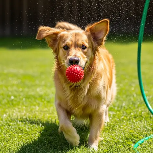 Joyful Golden Retriever Playing in Sunny Backyard