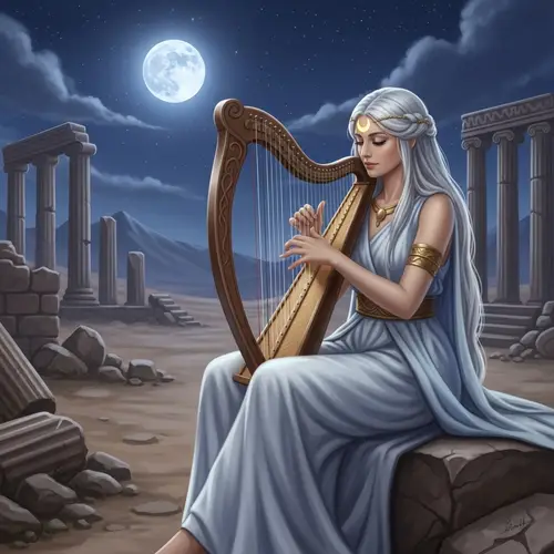 Modern Greek-style Woman Playing Harp under Moonlight