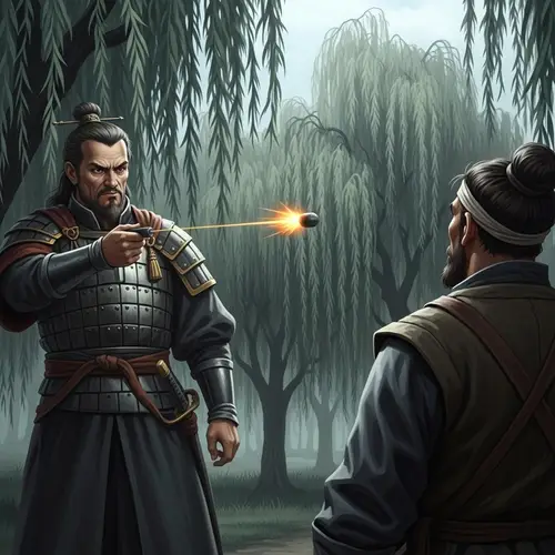 Intense Historical Scene: Figures Among Weeping Willows