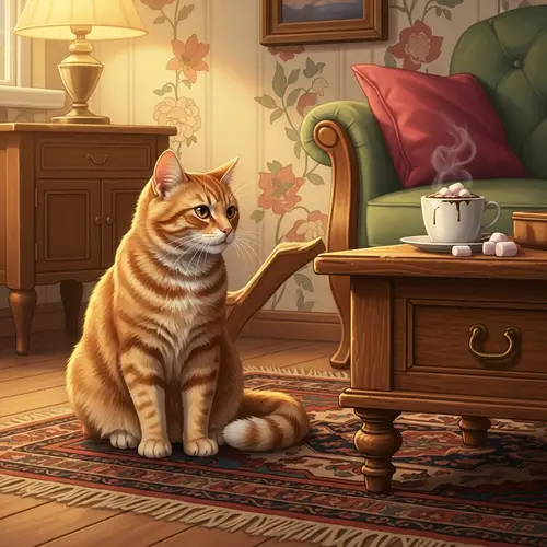 Beautiful Orange Cat on Cozy Rug in Warm Living Room