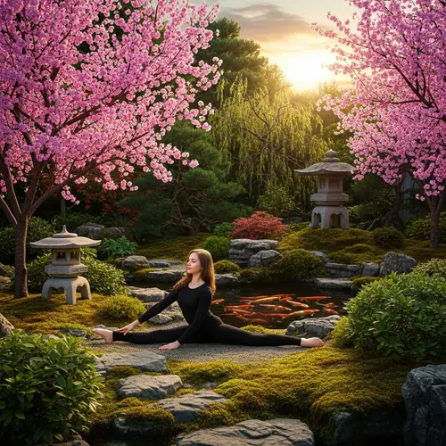 Russian Girl in Splits: Tranquil Japanese Garden