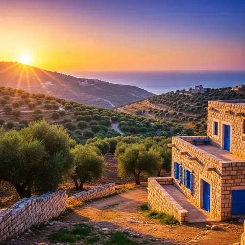 Tranquil Palestinian Landscape with Olives and Stone Houses